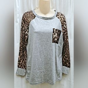 OMSJ Long Sleeve Shirt Leopard Sheer Sleeves Gray Women's Size M